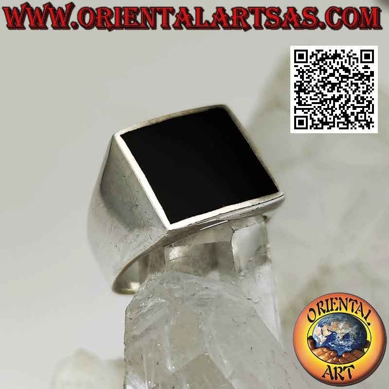 Anillo de plata lisa con borde rasante de ónix cuadrado 13x13 mm (fino)