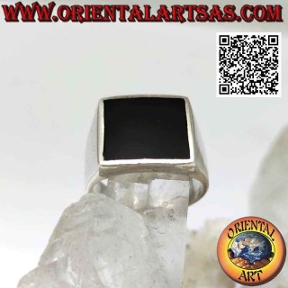 Anello in argento liscio con onice quadrata a filo bordo 13x13 mm (spesso)