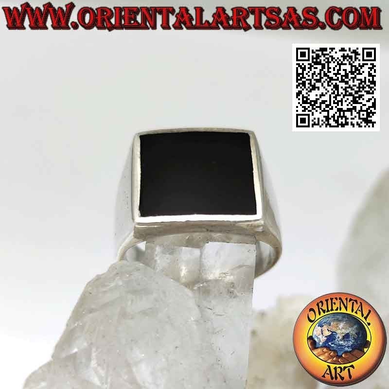 Glatter Silberring mit quadratischem Onyx bündig mit Rand 13x13 mm (dick)