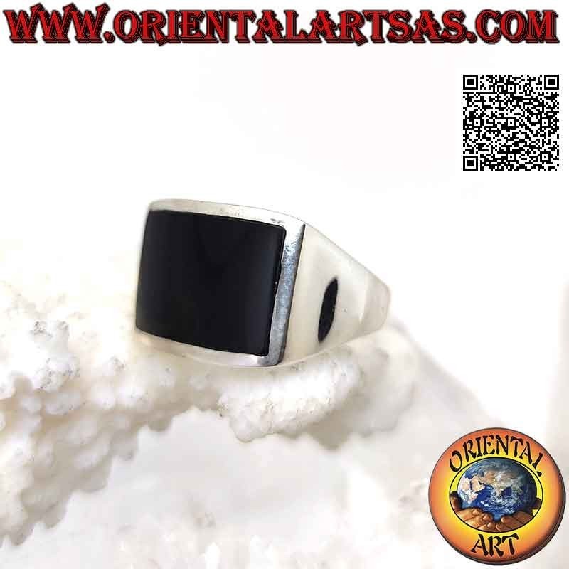 Anillo de plata lisa con ónix rectangular horizontal curvado a ras de canto 16 x 10 mm