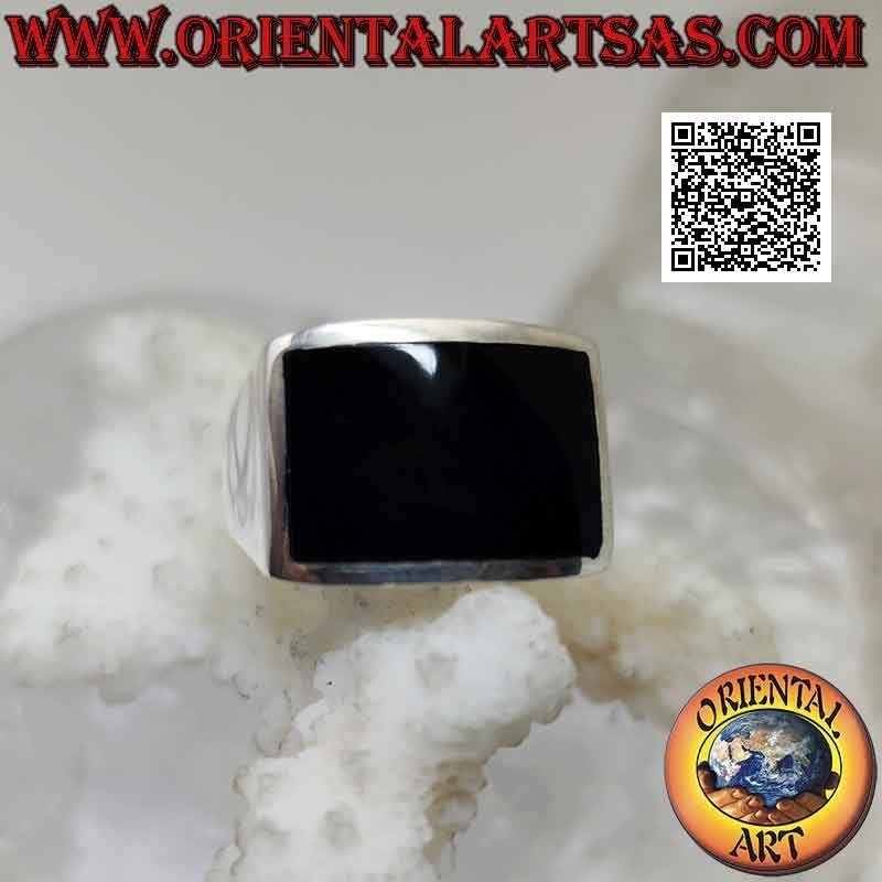 Glatter Silberring mit horizontalem, rechteckigem Onyx, bündig mit Rand gebogen, 16 x 10 mm
