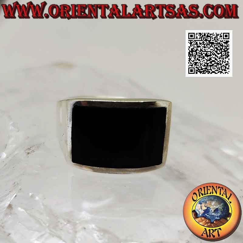 Anillo de plata lisa con ónix rectangular horizontal curvado a ras de canto 16 x 10 mm