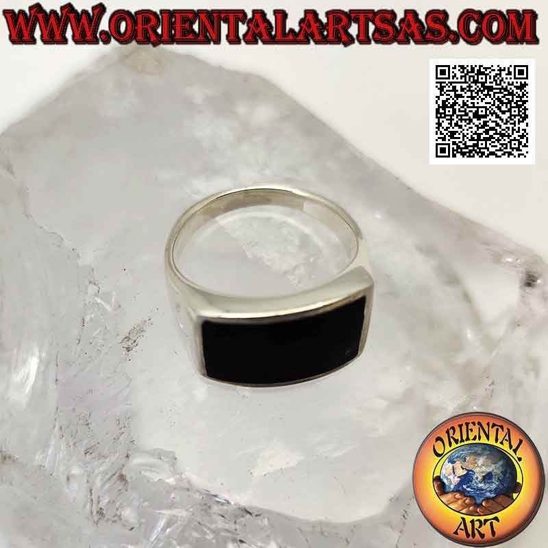 Anillo de plata lisa con ónix rectangular horizontal curvado a ras de canto 16 x 10 mm