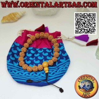 Bracelet de poignet Mālā 21 grains de 10 mm. en graines de Rudra avec sac tibétain