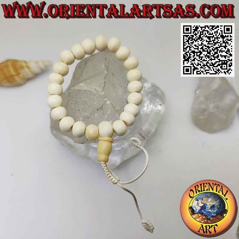 Bracelet de poignet Mālā 21 perles de 8 mm. en os de Yak avec sac tibétain