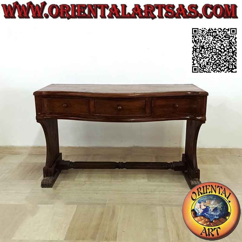 Escritorio consola con tres cajones y tapa curva con patas de león en madera de teca