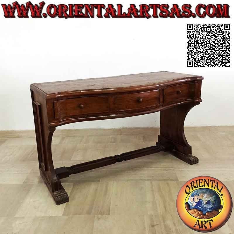 Escritorio consola con tres cajones y tapa curva con patas de león en madera de teca