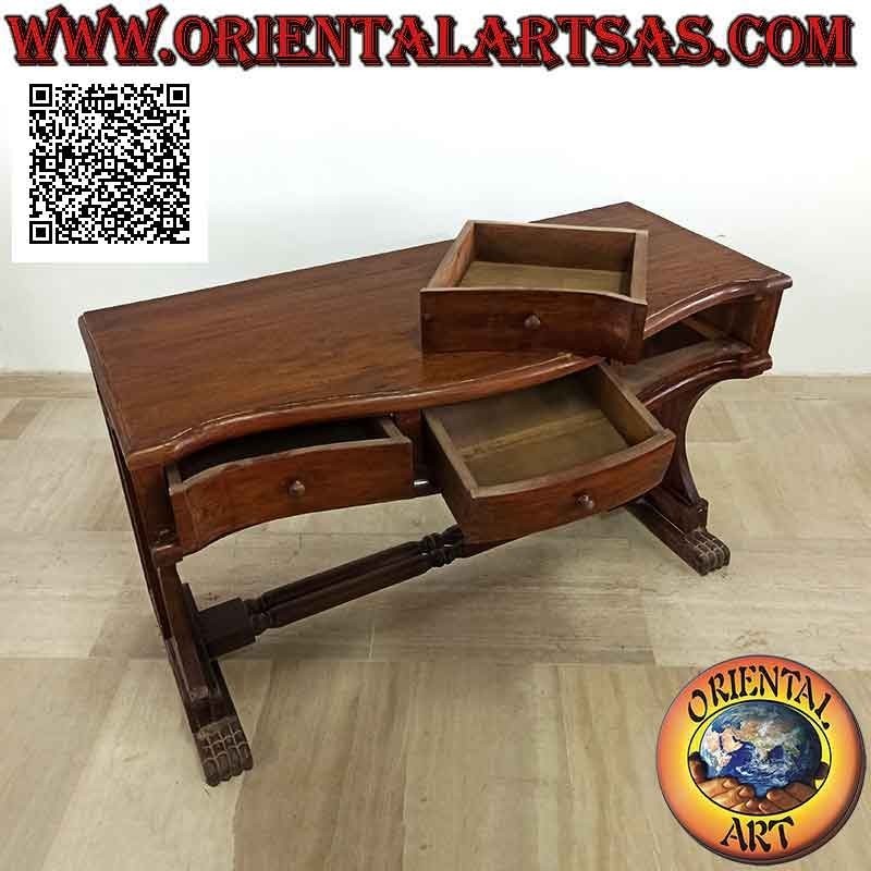 Console desk with three drawers and curved top with lion's paw feet in teak wood