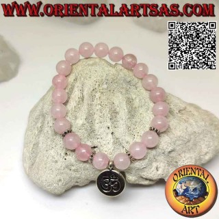 Pulsera Elástica Cuarzo Rosa 8mm | Colgante Om Grabado