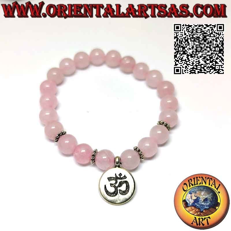 Pulsera Elástica Cuarzo Rosa 8mm | Colgante Om Grabado