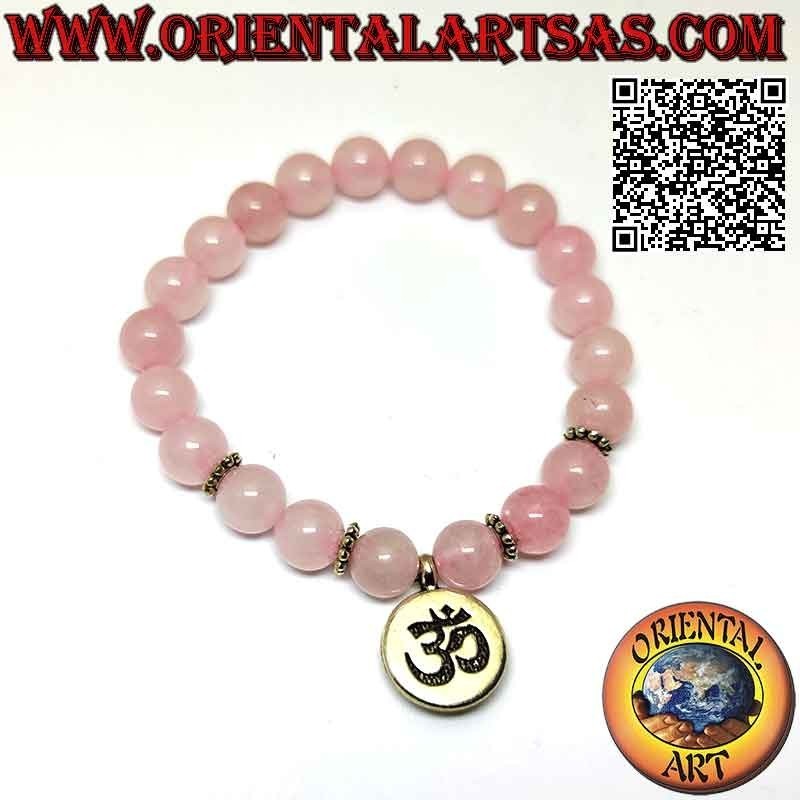Bracciale Quarzo Rosa Naturale e Om: Armonia 8mm Elastico