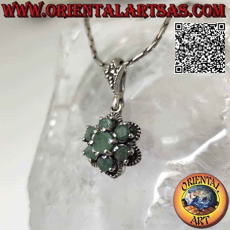 Silver pendant with 7 natural round emeralds set to form a flower and marcasite