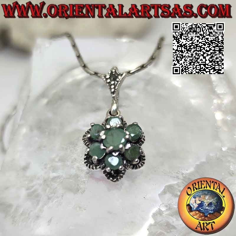 Silver pendant with 7 natural round emeralds set to form a flower and marcasite