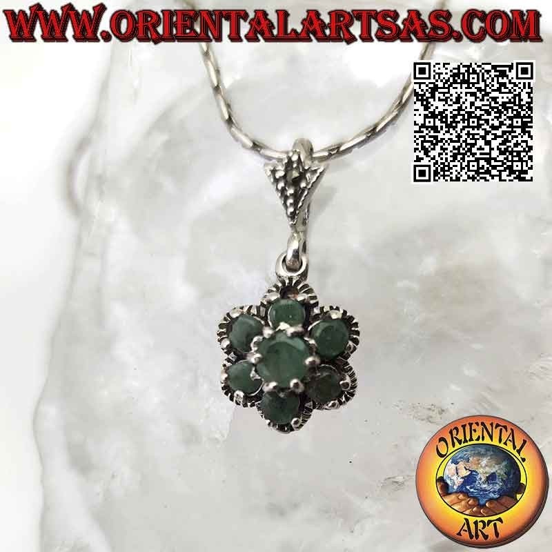 Silver pendant with 7 natural round emeralds set to form a flower and marcasite