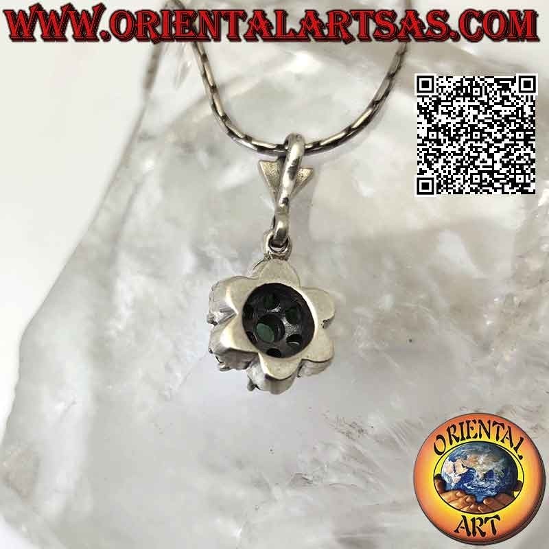 Silver pendant with 7 natural round emeralds set to form a flower and marcasite