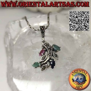 Silver branch pendant with emerald leaves, rubies and natural shuttle sapphires and marcasite
