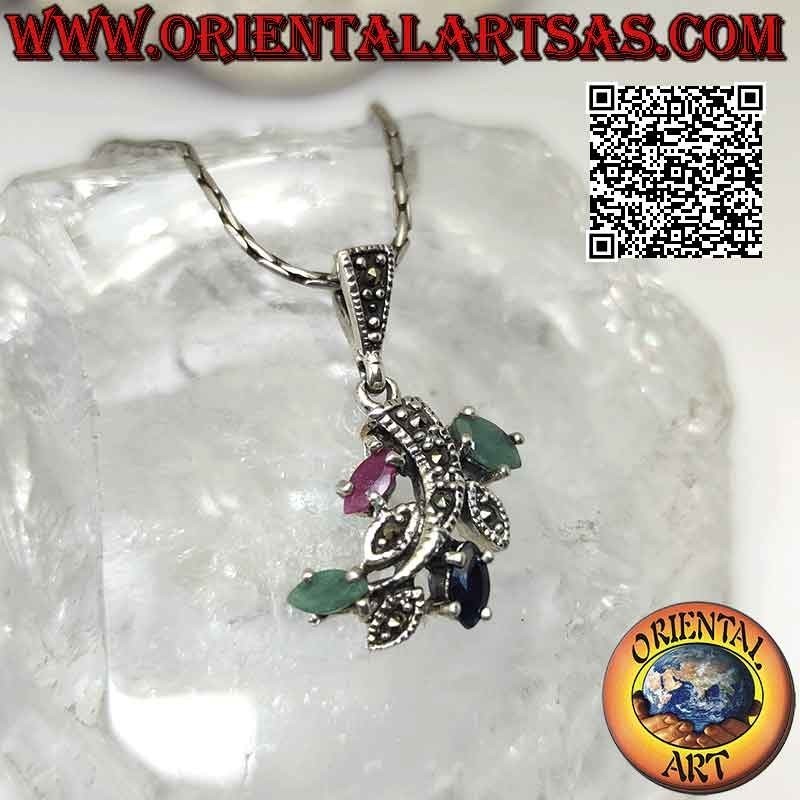 Pendentif branche en argent avec feuilles d'émeraude, rubis et saphirs navette naturels et marcassite