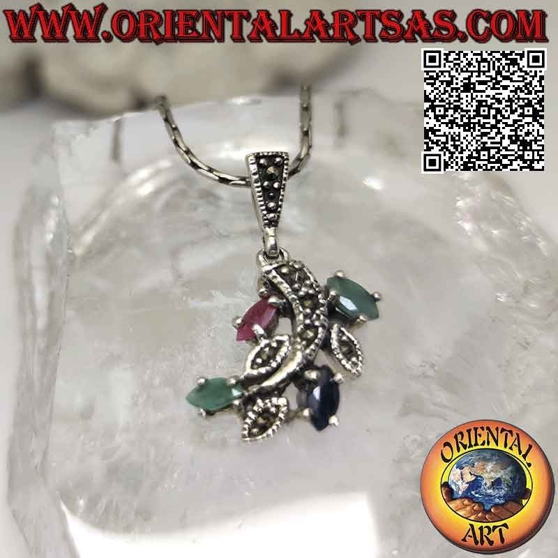 Pendentif branche en argent avec feuilles d'émeraude, rubis et saphirs navette naturels et marcassite