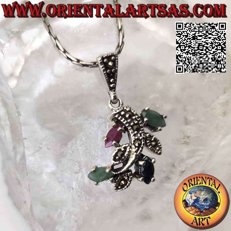 Silver branch pendant with emerald leaves, rubies and natural shuttle sapphires and marcasite