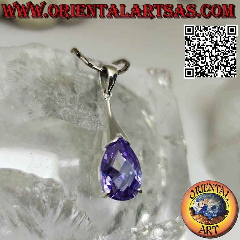 Silver drop pendant with amethyst zircon and smooth hook