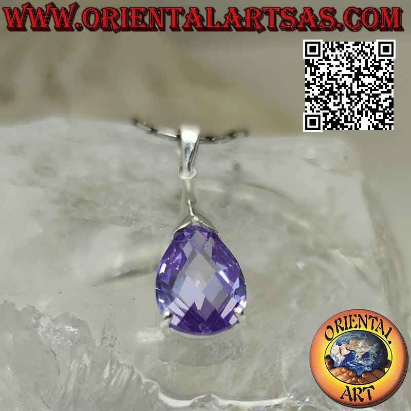 Silver drop pendant with amethyst zircon and smooth hook