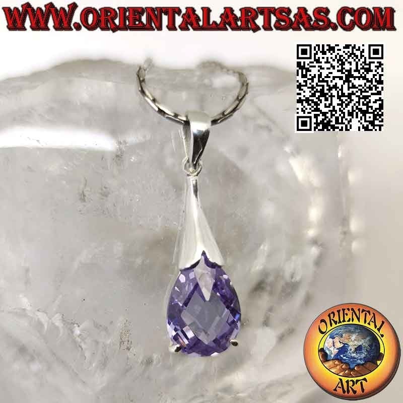 Pendentif goutte en argent avec zircon améthyste et crochet lisse