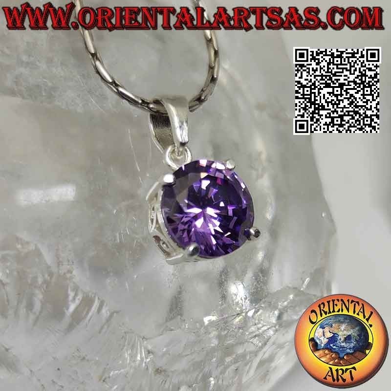 Silver pendant with light point of round amethyst zircon set (large) and fretwork on the sides