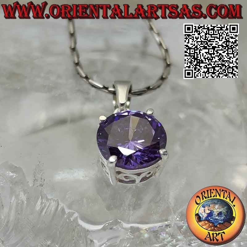 Silver pendant with light point of round amethyst zircon set (large) and fretwork on the sides