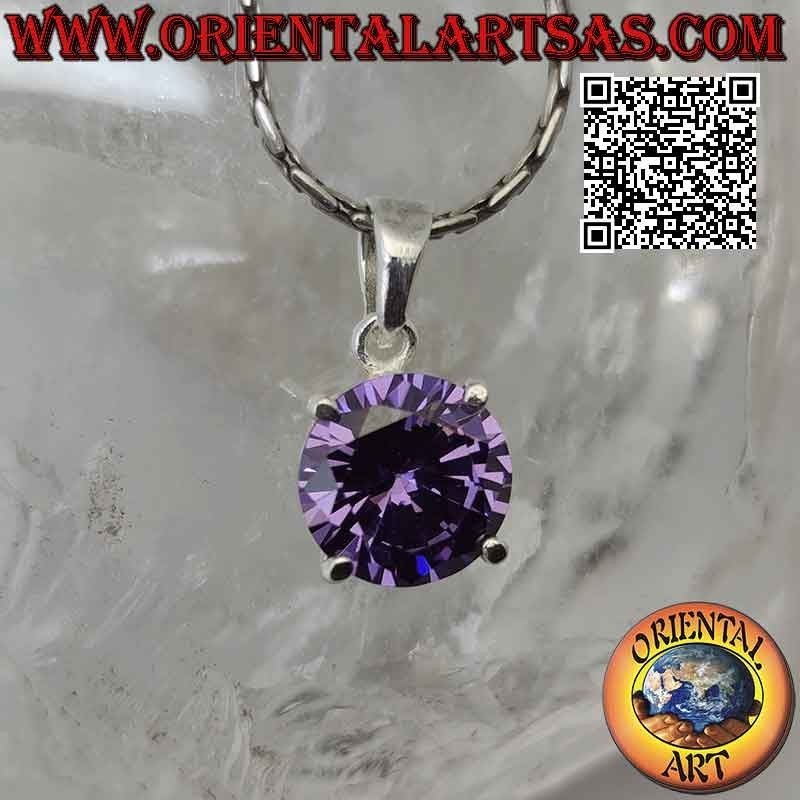 Silver pendant with light point of round amethyst zircon set (large) and fretwork on the sides