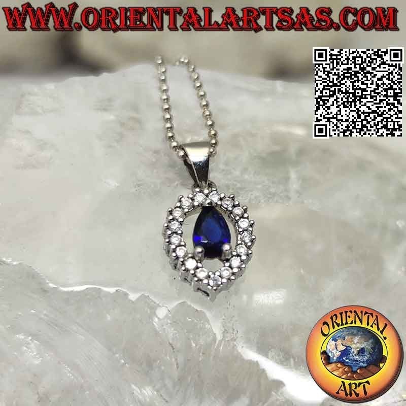 Colgante de plata con zafiro sintético en forma de lágrima engastado rodeado de una gran gota de circonitas blancas