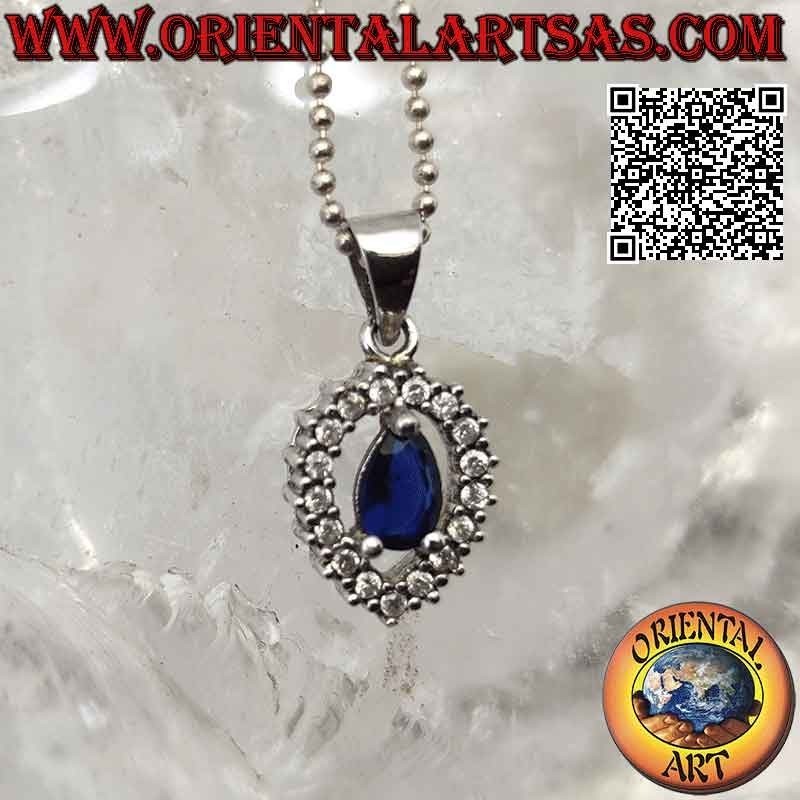 Silver pendant with synthetic teardrop sapphire set surrounded by a large drop of white zircons