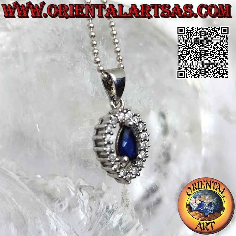 Silver pendant with synthetic teardrop sapphire set surrounded by a large drop of white zircons