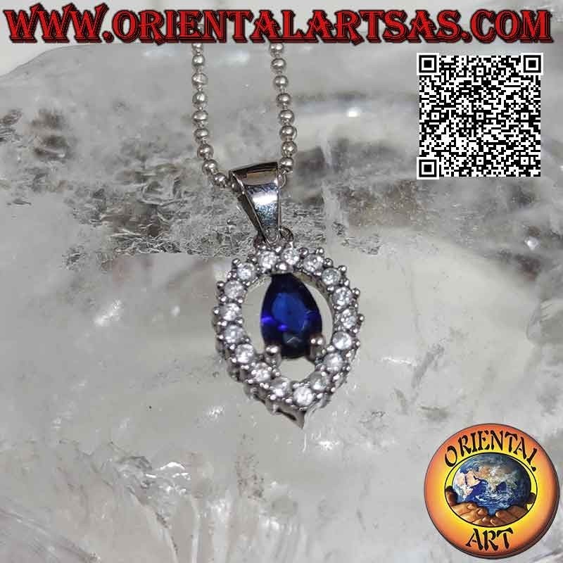 Silver pendant with synthetic teardrop sapphire set surrounded by a large drop of white zircons