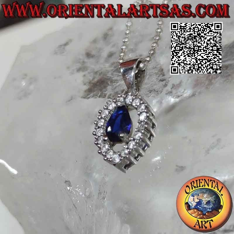 Colgante de plata con zafiro sintético en forma de lágrima engastado rodeado de una gran gota de circonitas blancas