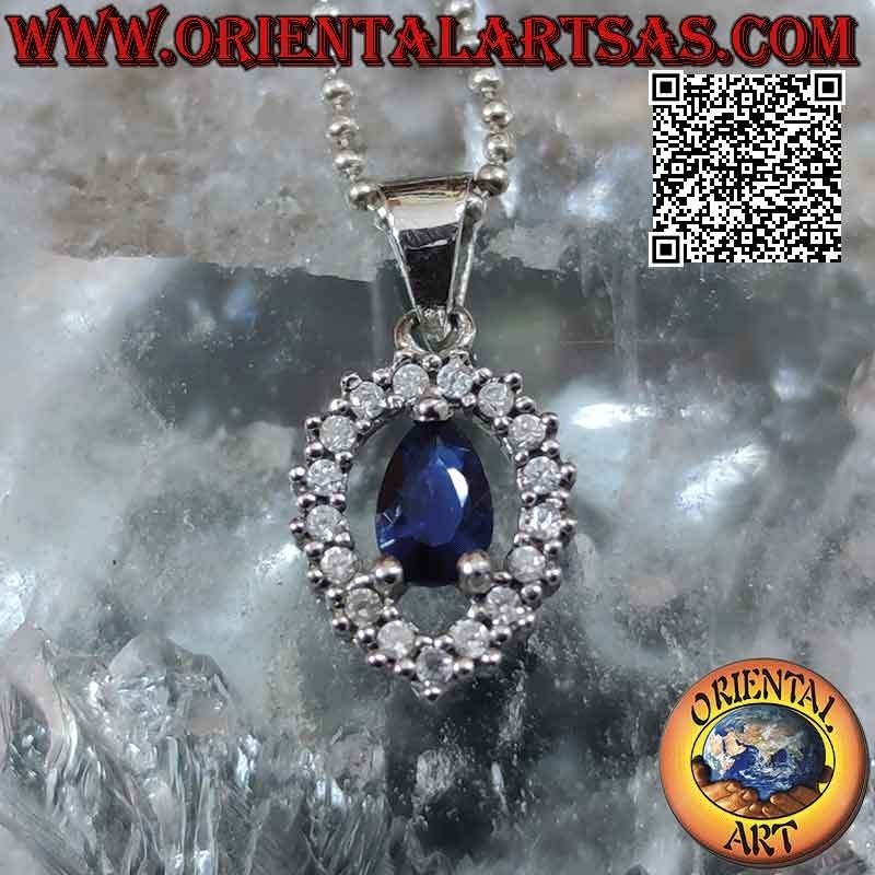 Pendentif en argent serti d'un saphir synthétique en forme de larme entouré d'une grosse goutte de zircons blancs