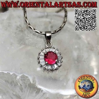Silver pendant with round synthetic ruby set surrounded by baguette zircons