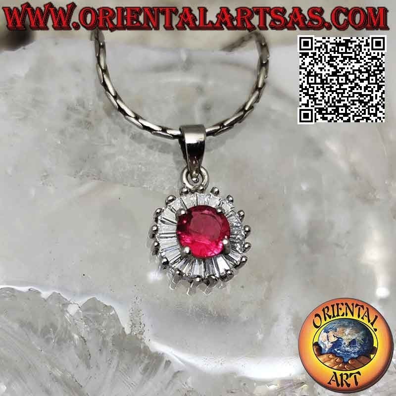 Silver pendant with round synthetic ruby set surrounded by baguette zircons