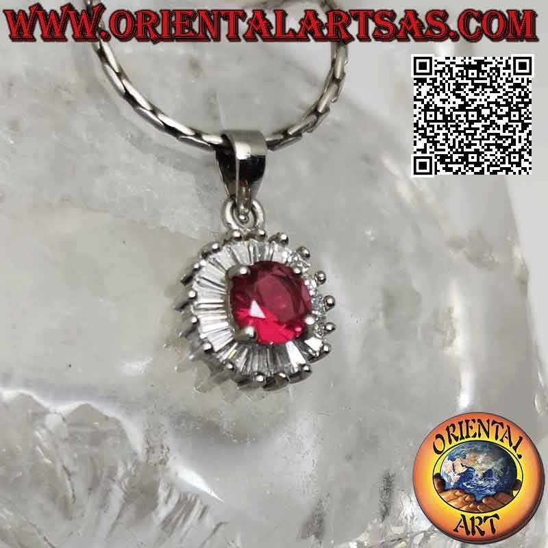 Silver pendant with round synthetic ruby set surrounded by baguette zircons