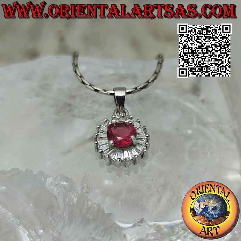 Silver pendant with round synthetic ruby set surrounded by baguette zircons