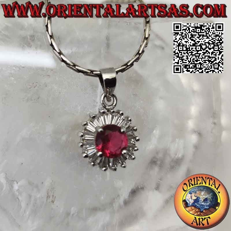 Silver pendant with round synthetic ruby set surrounded by baguette zircons