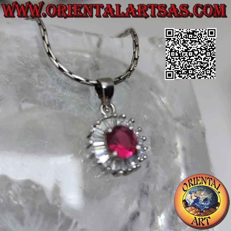 Silver pendant with round synthetic ruby set surrounded by baguette zircons
