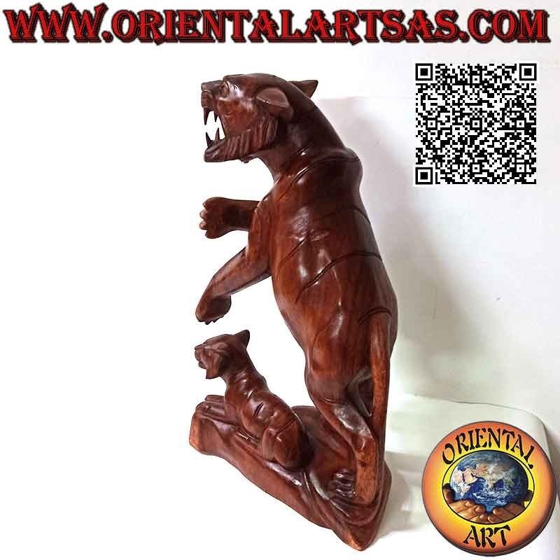 Sculpture snarling tiger with cub in 54 cm suar wood (hand carved from a single block) (right)