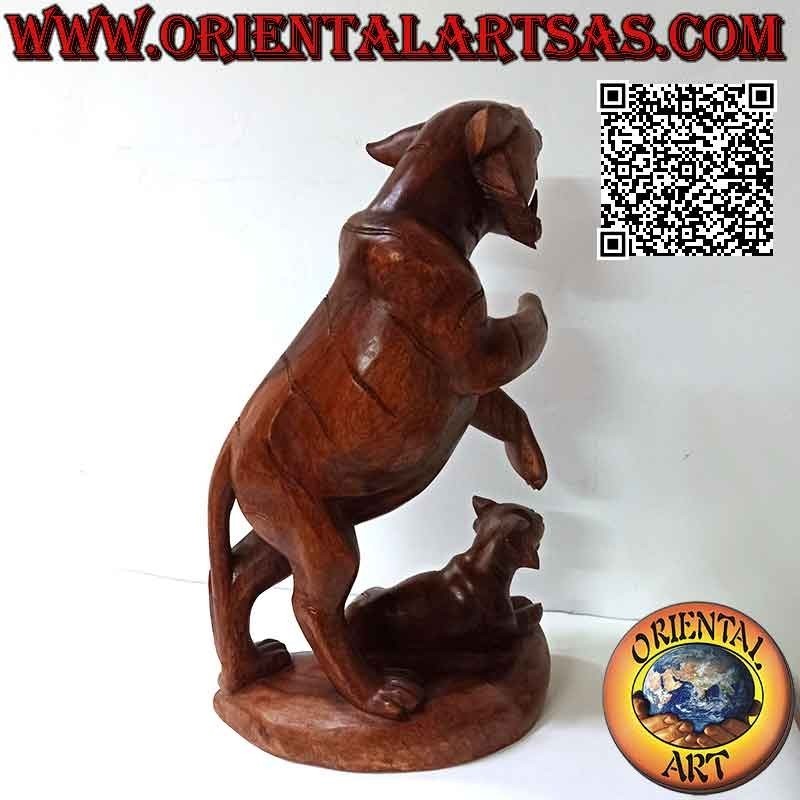 Sculpture snarling tiger with cub in 54 cm suar wood (hand carved from a single block) (right)