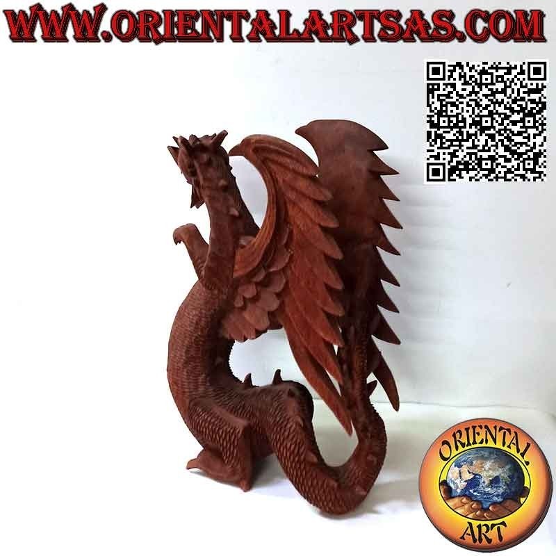 Escultura de dragón alado andante tallada a mano en madera de suar de 45 cm
