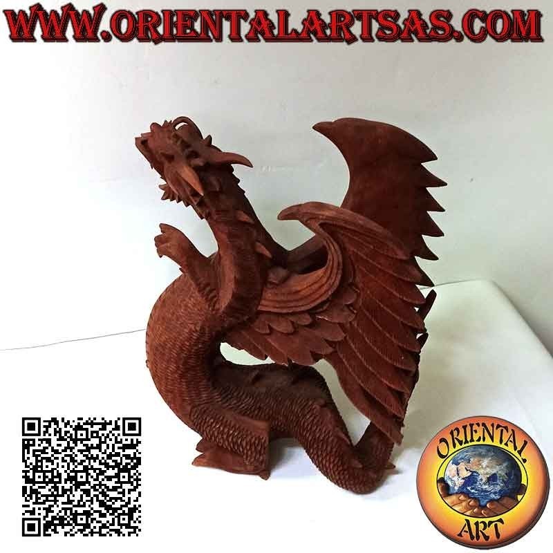 Sculpture dragon ailé marchant sculptée à la main en bois de suar de 45 cm