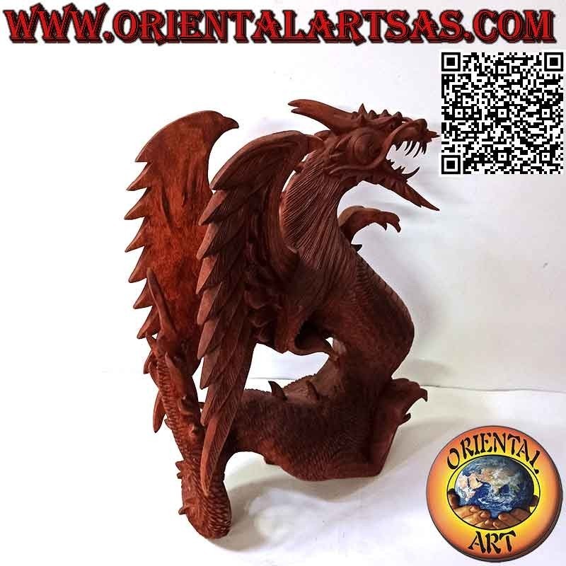 Sculpture dragon ailé marchant sculptée à la main en bois de suar de 45 cm