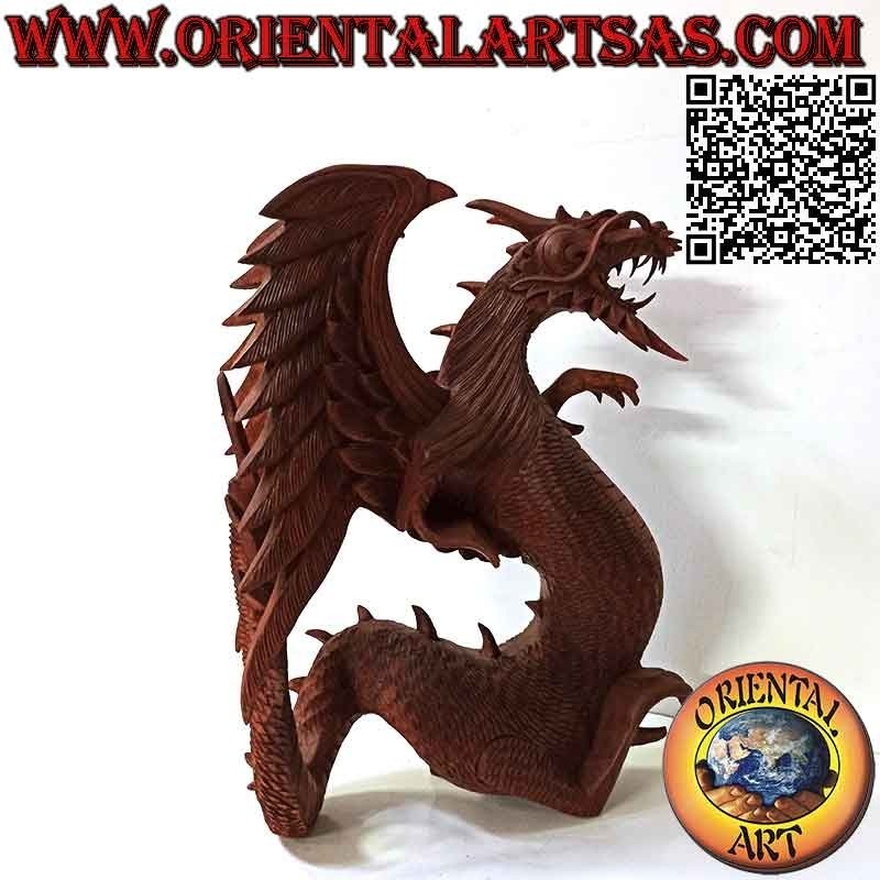 Walking winged dragon sculpture carved by hand in 45 cm suar wood