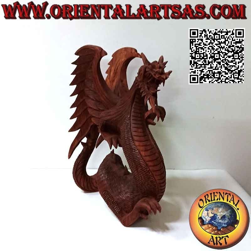 Escultura de dragón alado andante tallada a mano en madera de suar de 45 cm