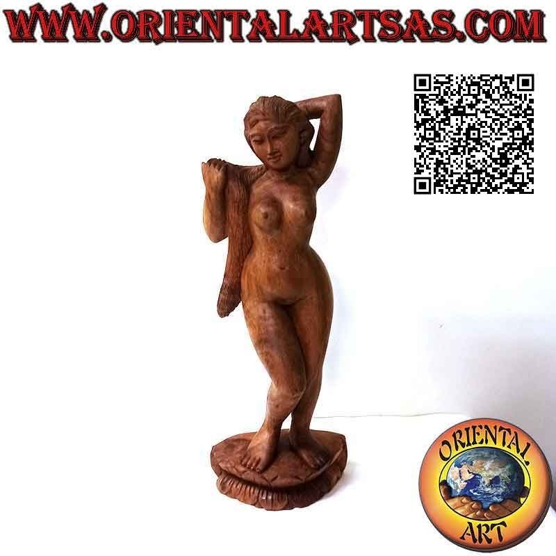 Estatua escultórica de una mujer oriental desnuda posando realizada en un solo bloque de madera de suar (60 cm)