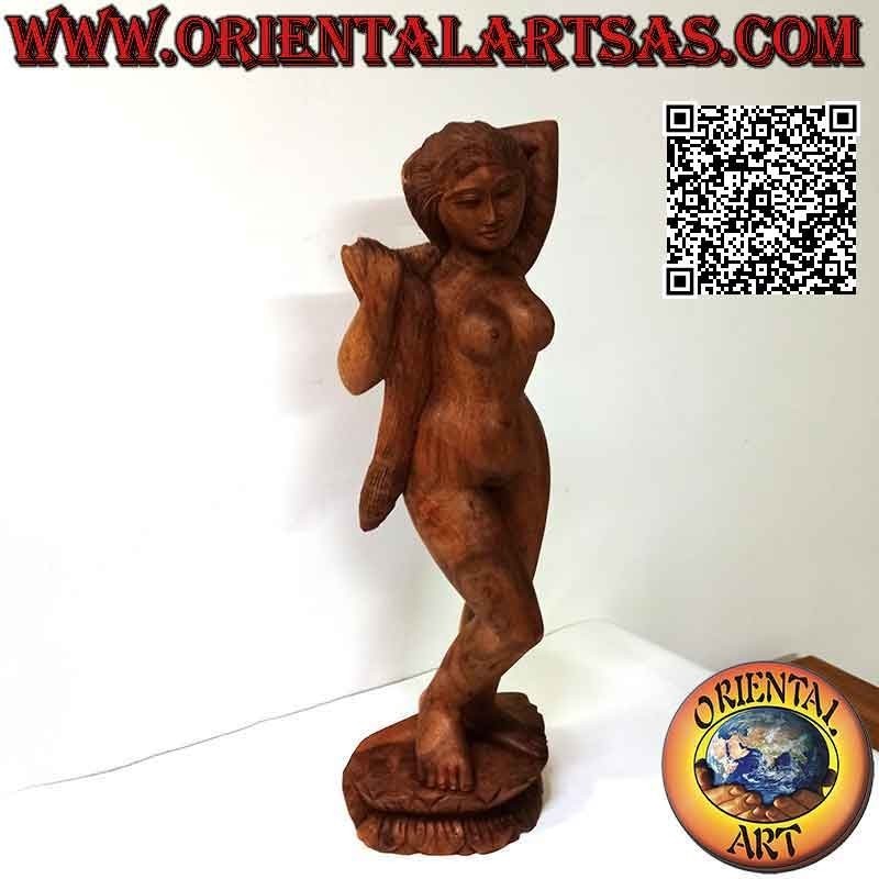 Scultura statua di una donna nuda orientale in posa realizzata da un unico blocco di legno di suar (60 cm)